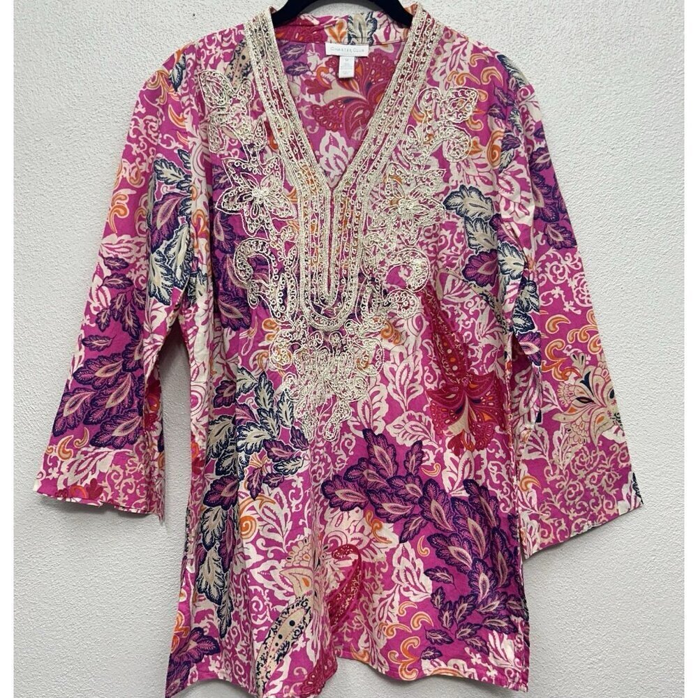Charter Club Women's Embroidered Tunic Top Medium Floral Cotton Multicolor